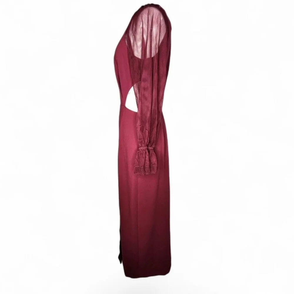 Staud Mesh Long Sleeve Cut-Out Maxi Dress in Maroon Size 4 New With Tags - Picture 4 of 10